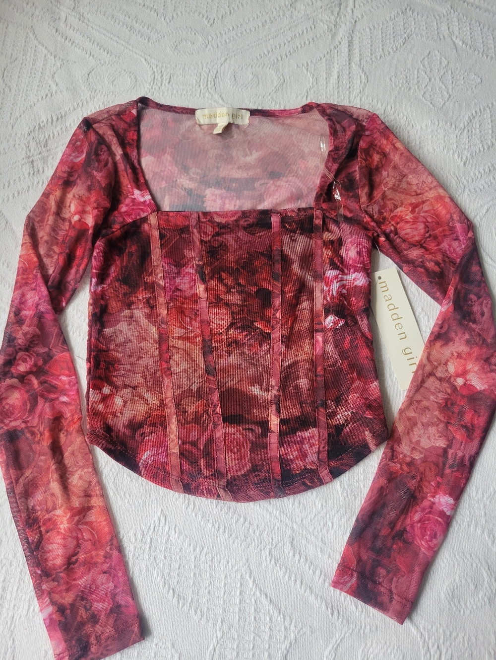 Madden Girl Pink and Red Floral Mesh Long Sleeve Top